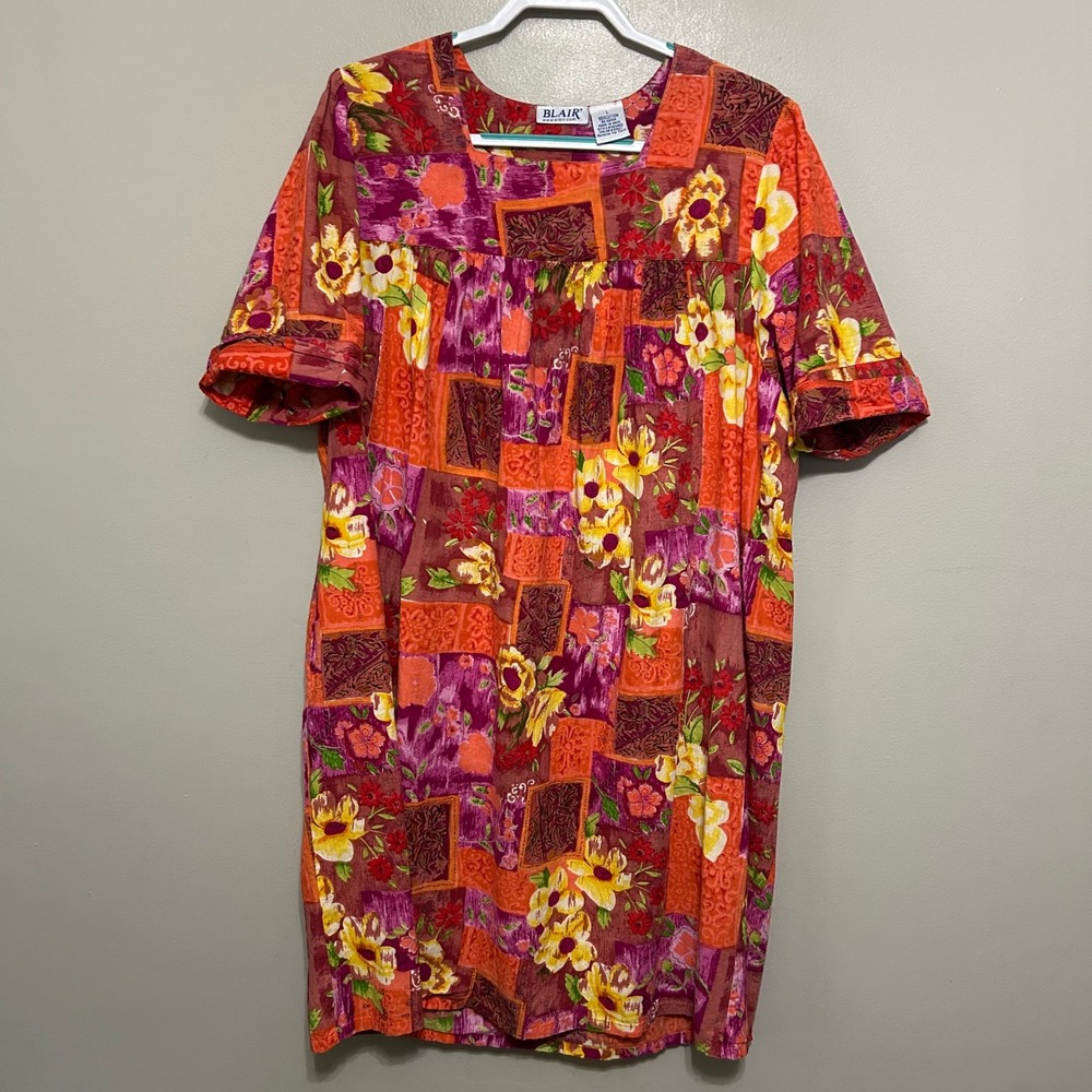Blair Shift Dress L Orange Floral Patchwork Cotton Artsy Boho Tropical Muumuu